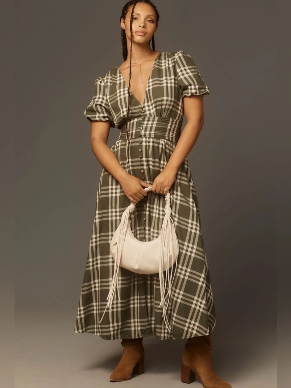 Anthropologie Katerina Button-Front Plaid Puff-Sleeve Midi Dress L - 100% Cotton - Picture 1 of 15